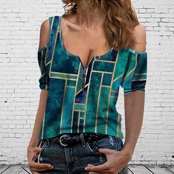 women's t-shirt off shoulder oversize zipper plaid graphic print short sleeve v-neck summer plus size elegant shirt, White